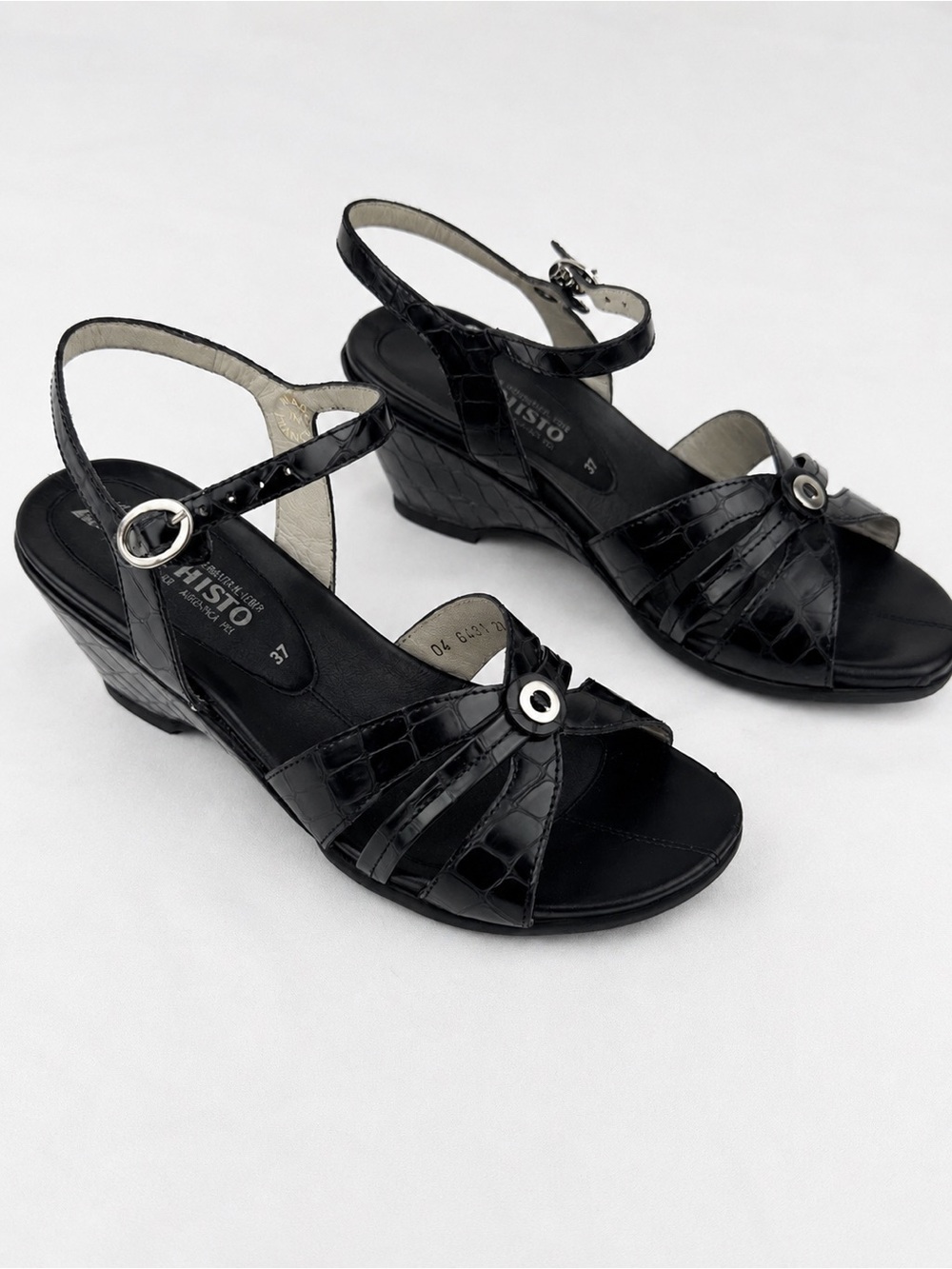 Mephisto Black Croc Embossed Leather Wedge Sandals Ankle Strap US 7 EU 37